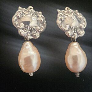 Vintage Cream Color Baroque Pearl Sterling Silver Earrings 2 Inches Long Clip-On